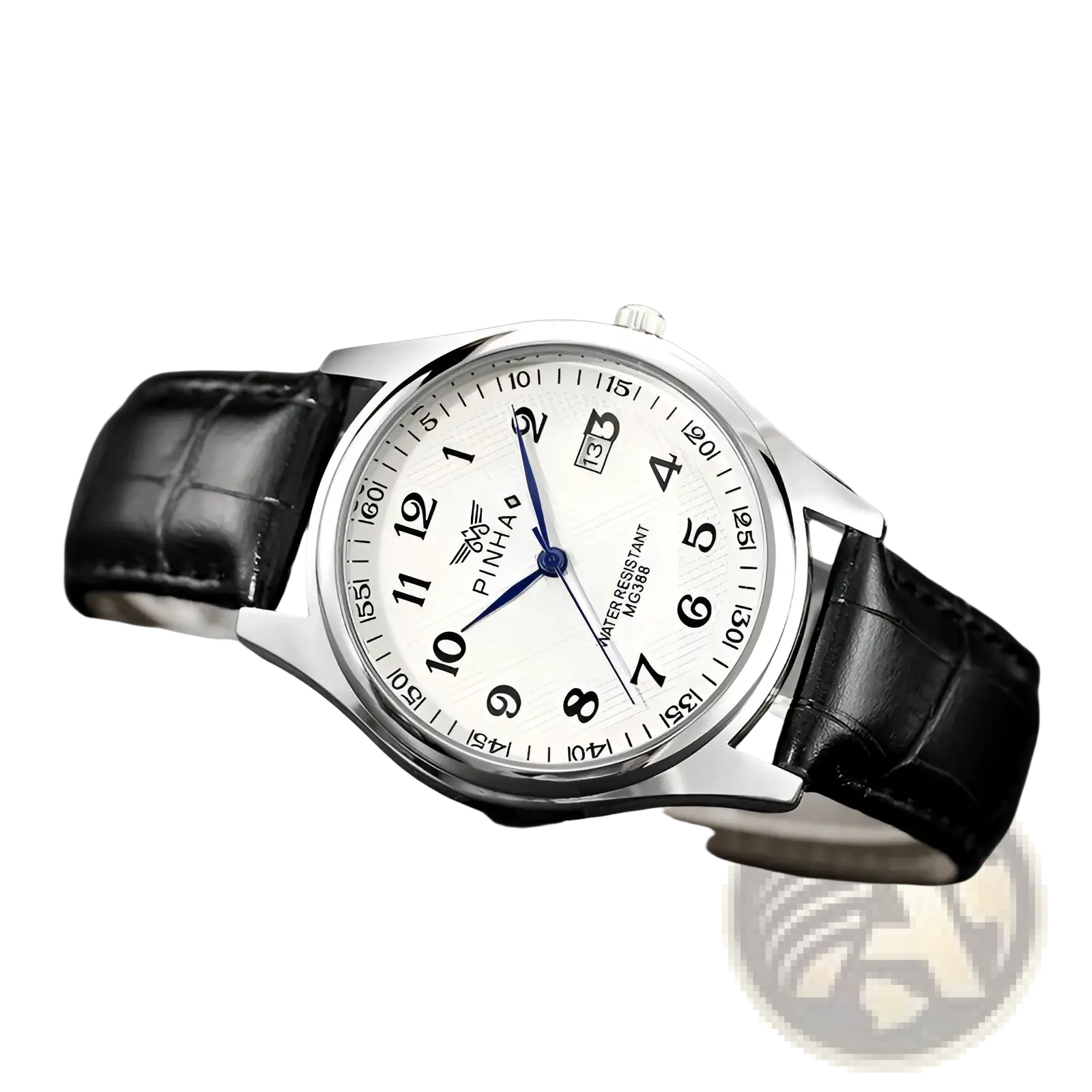 Men leather strap quartz wristwatch with silver-toned case, white textured dial, black crocodile leather strap, and blue hands