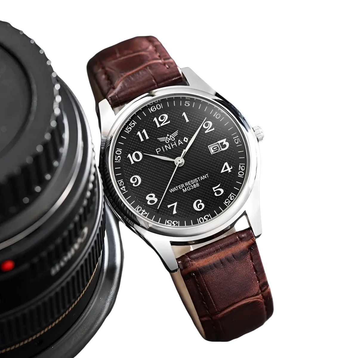 Men leather strap quartz wristwatch with sleek silver pinhai case, black textured dial, white numerals, and brown crocodile leather strap