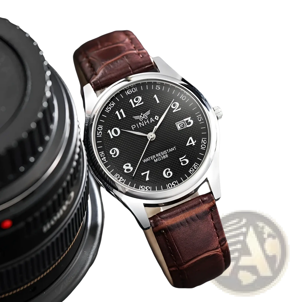 Men leather strap quartz wristwatch with sleek silver pinhai case, black textured dial, white numerals, and brown crocodile leather strap