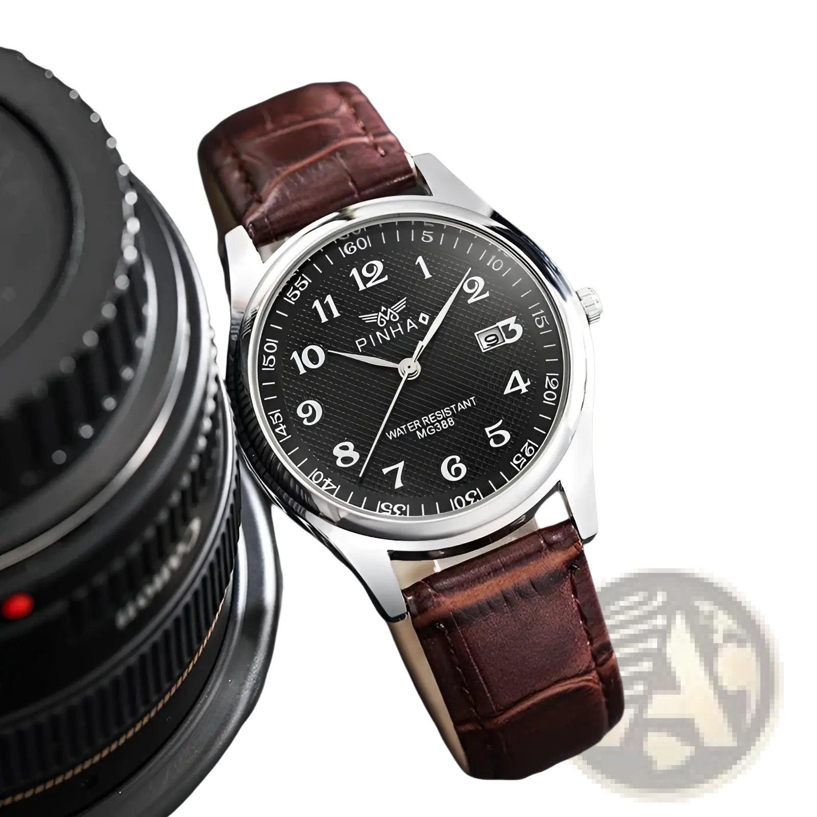 Men leather strap quartz wristwatch with sleek silver pinhai case, black textured dial, white numerals, and brown crocodile leather strap