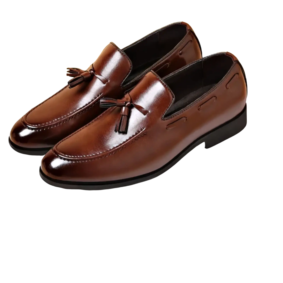 Men leather tassel loafers in brown polished leather with black soles for business slip on shoes