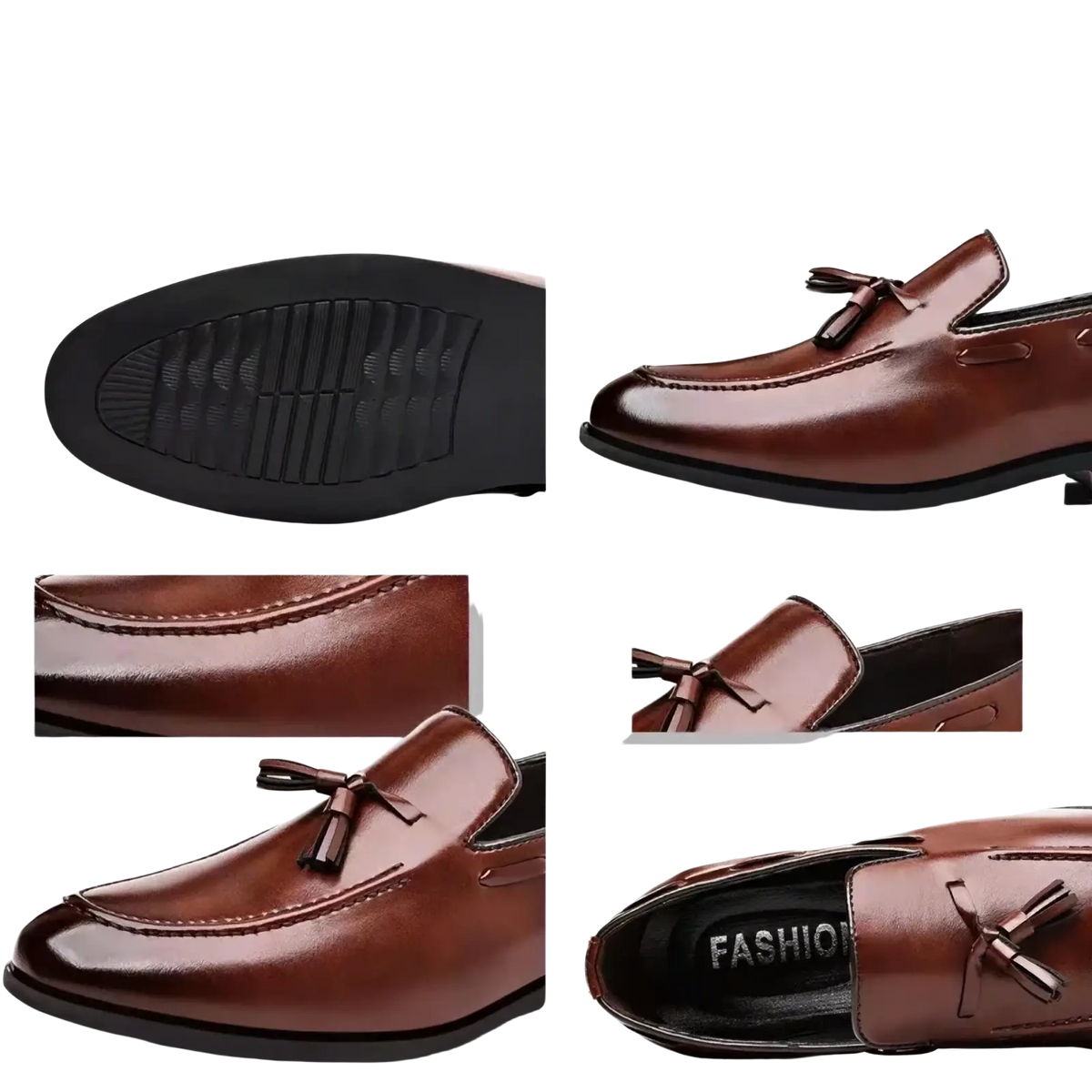 Men leather tassel loafer in brown polished leather with black rubber sole for business slip on wear