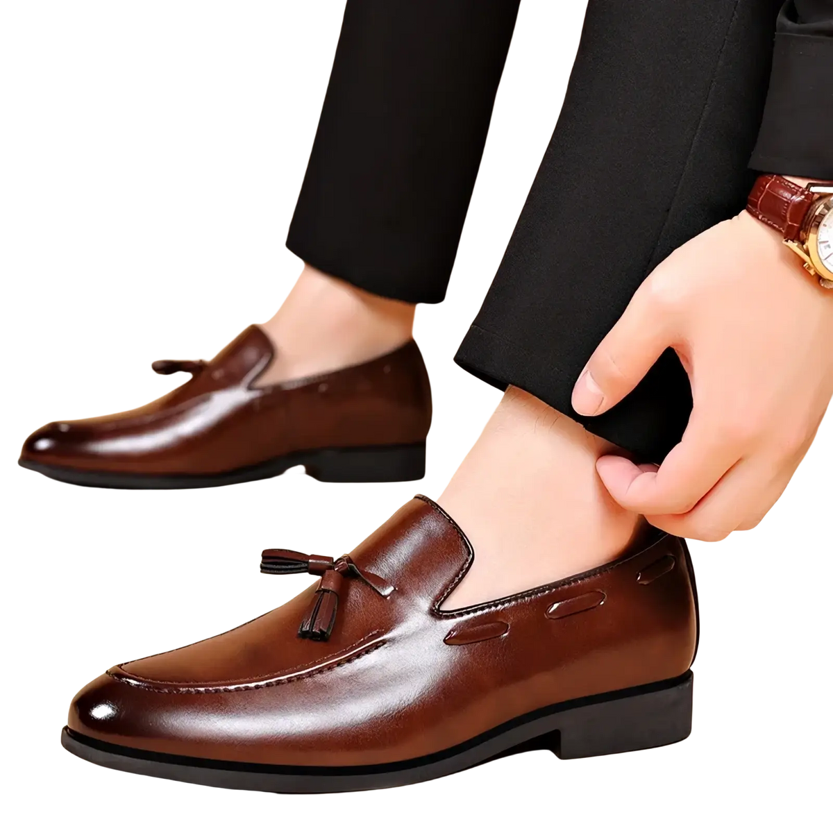 Brown leather tassel loafers with polished finish and subtle stitching details for men business slip on shoes