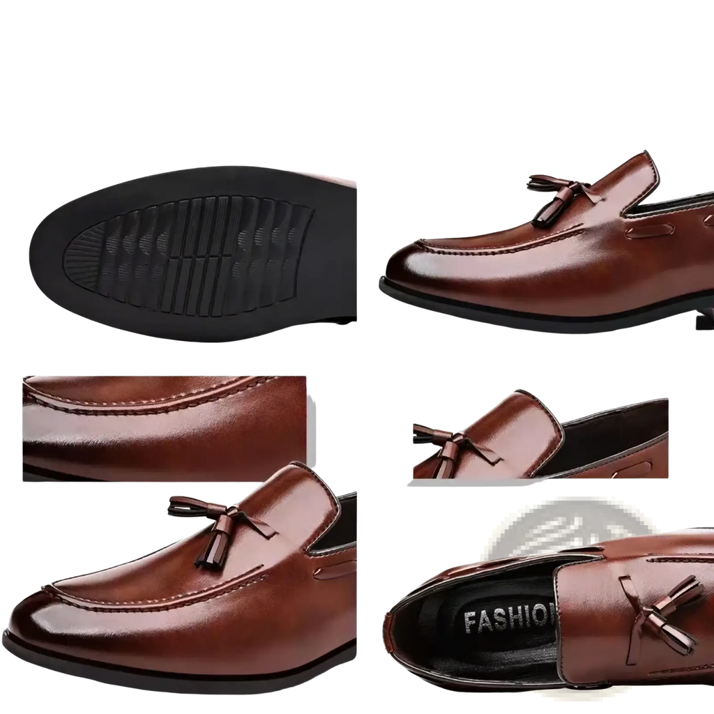 Men leather tassel loafer in brown polished leather with black rubber sole for business slip on wear