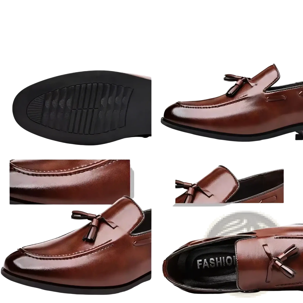 Men leather tassel loafer in brown polished leather with black rubber sole for business slip on wear