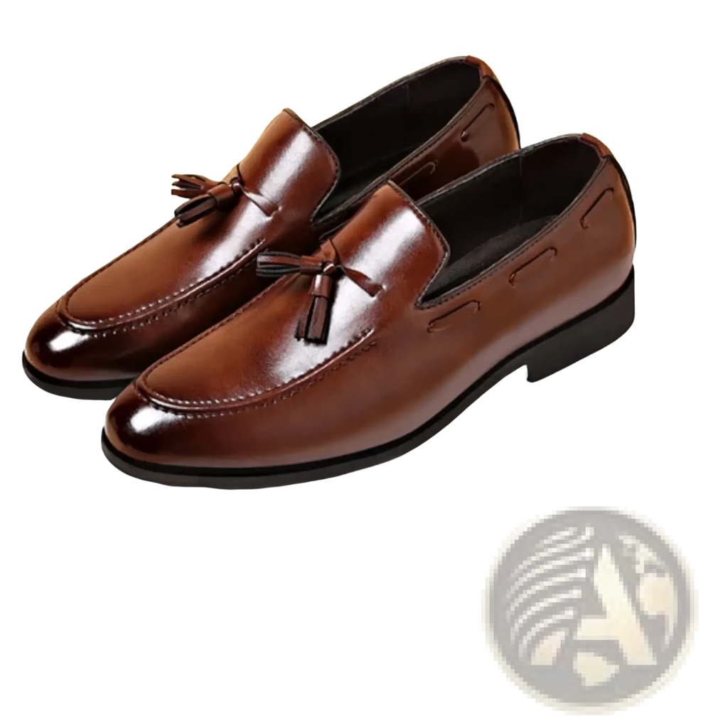 Men leather tassel loafers in brown polished leather with black soles for business slip on shoes