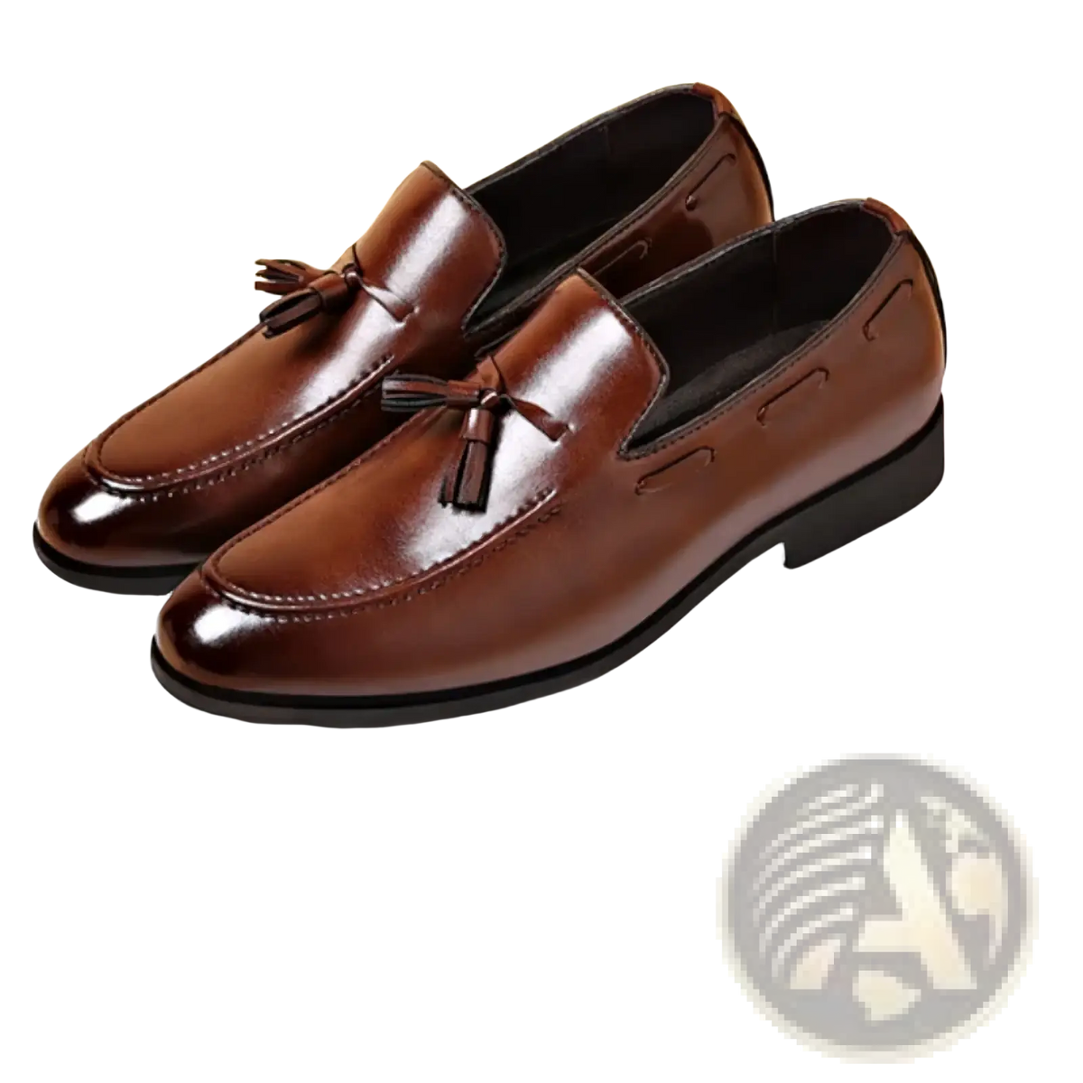 Men leather tassel loafers in brown polished leather with black soles for business slip on shoes