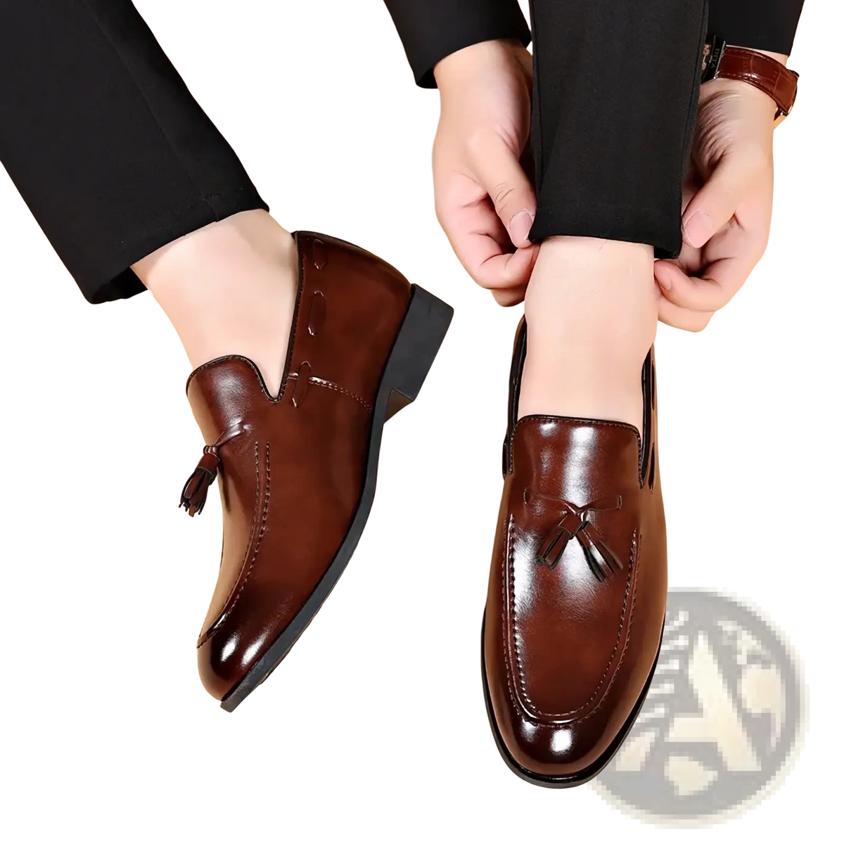 Men leather tassel loafers in brown with polished finish and classic design for business slip on shoes