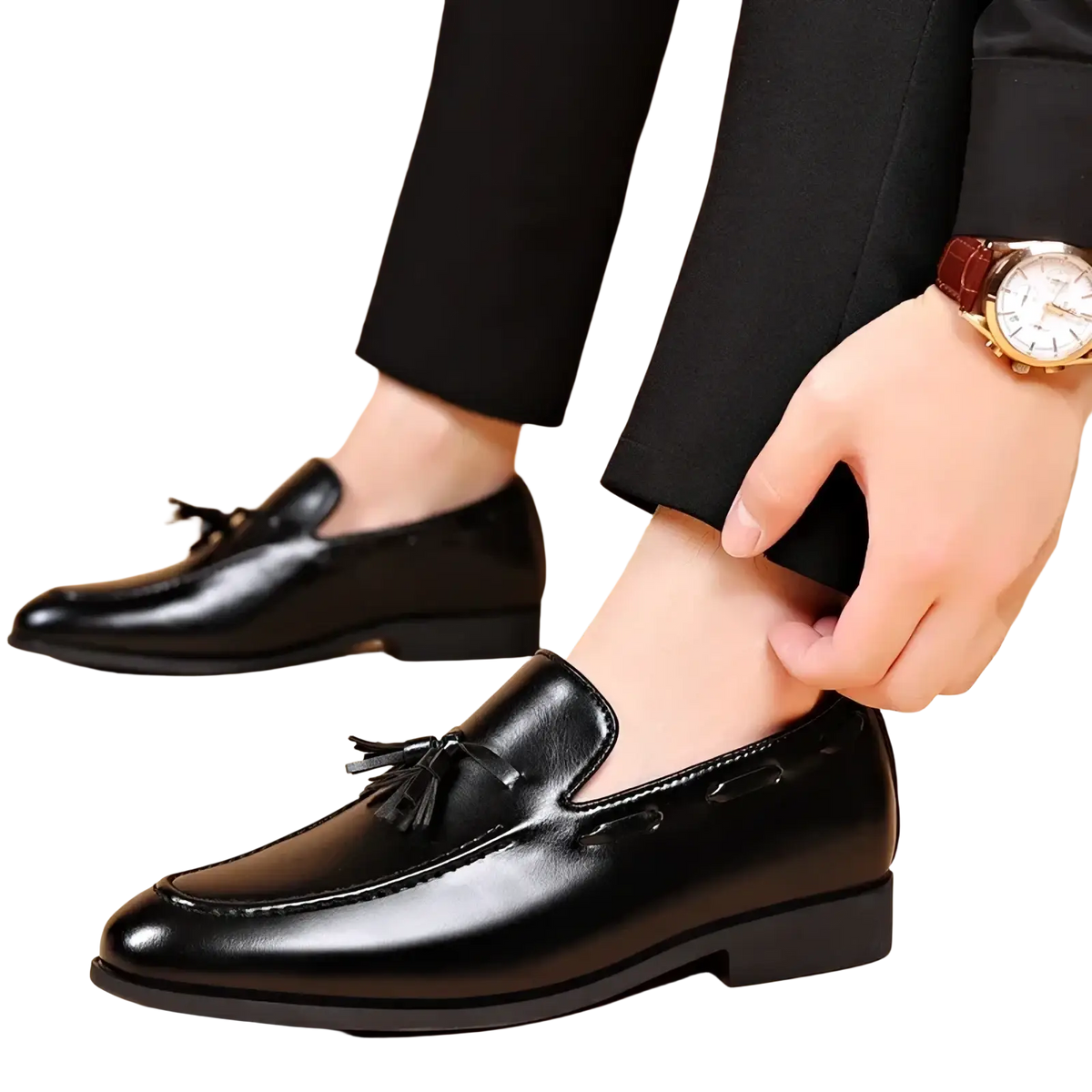 Men leather tassel loafers in black leather with a polished finish and classic design for formal occasions