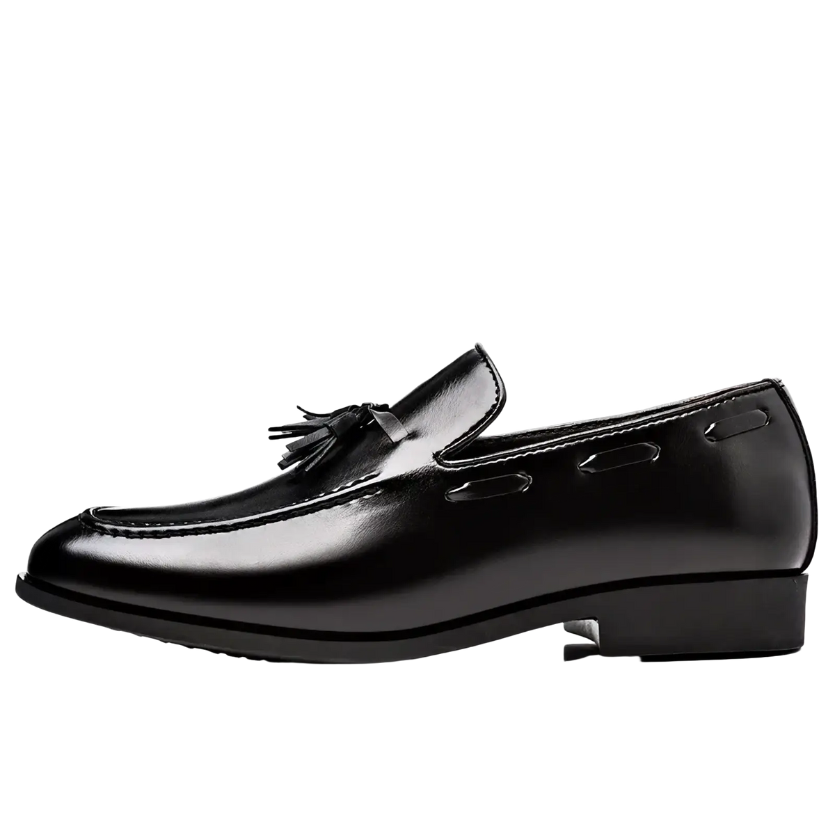 Men leather tassel loafers in black leather with polished finish and subtle stitching for formal use
