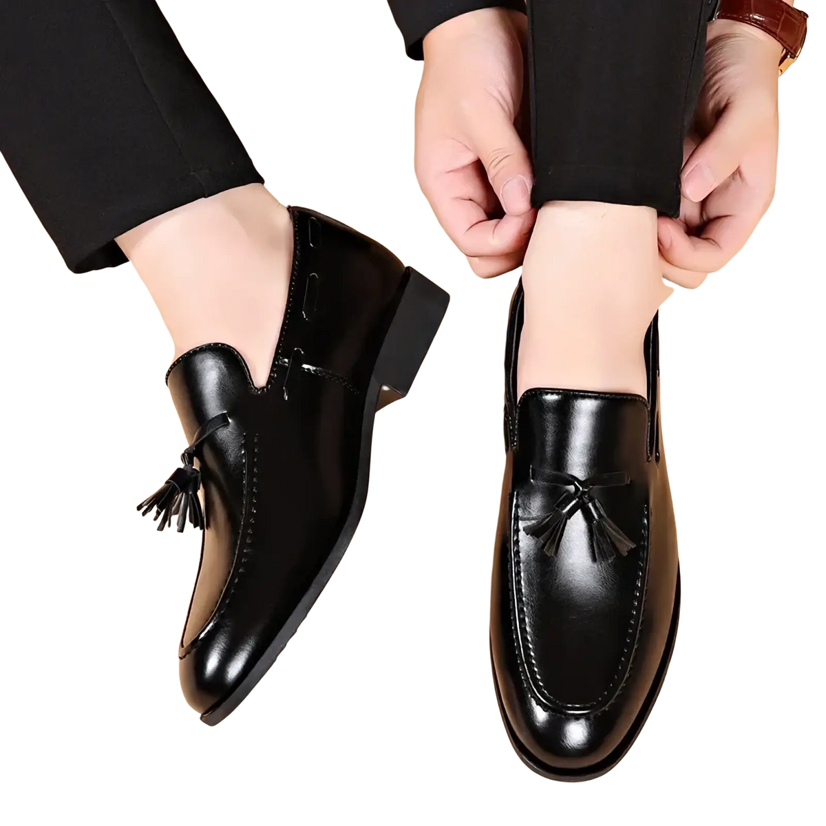 Black leather tassel loafers for men with polished finish and classic design formal shoes