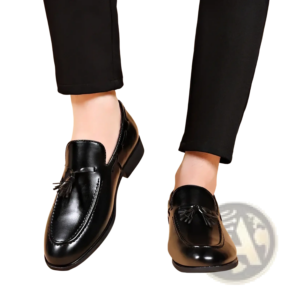 Black leather tassel loafers with polished finish and classic design for formal men leather shoes