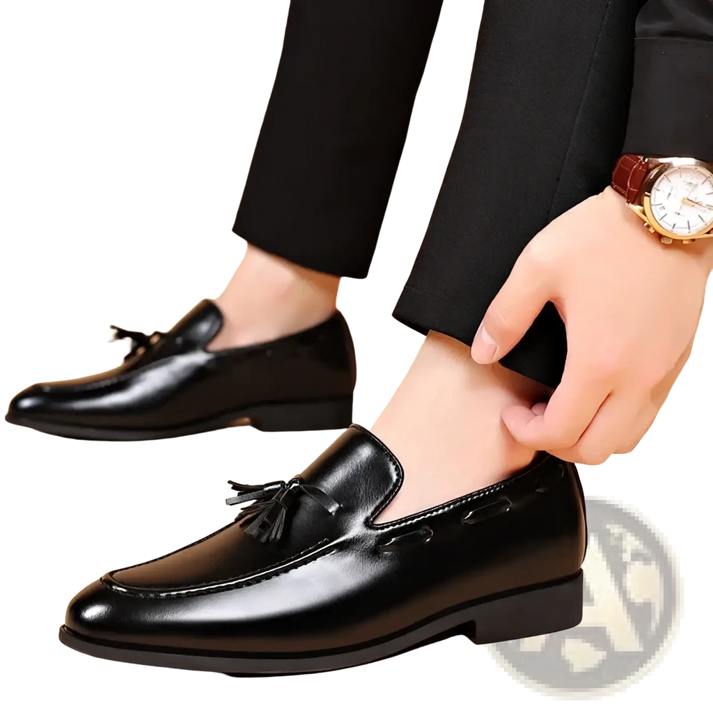 Men leather tassel loafers in black leather with a polished finish and classic design for formal occasions
