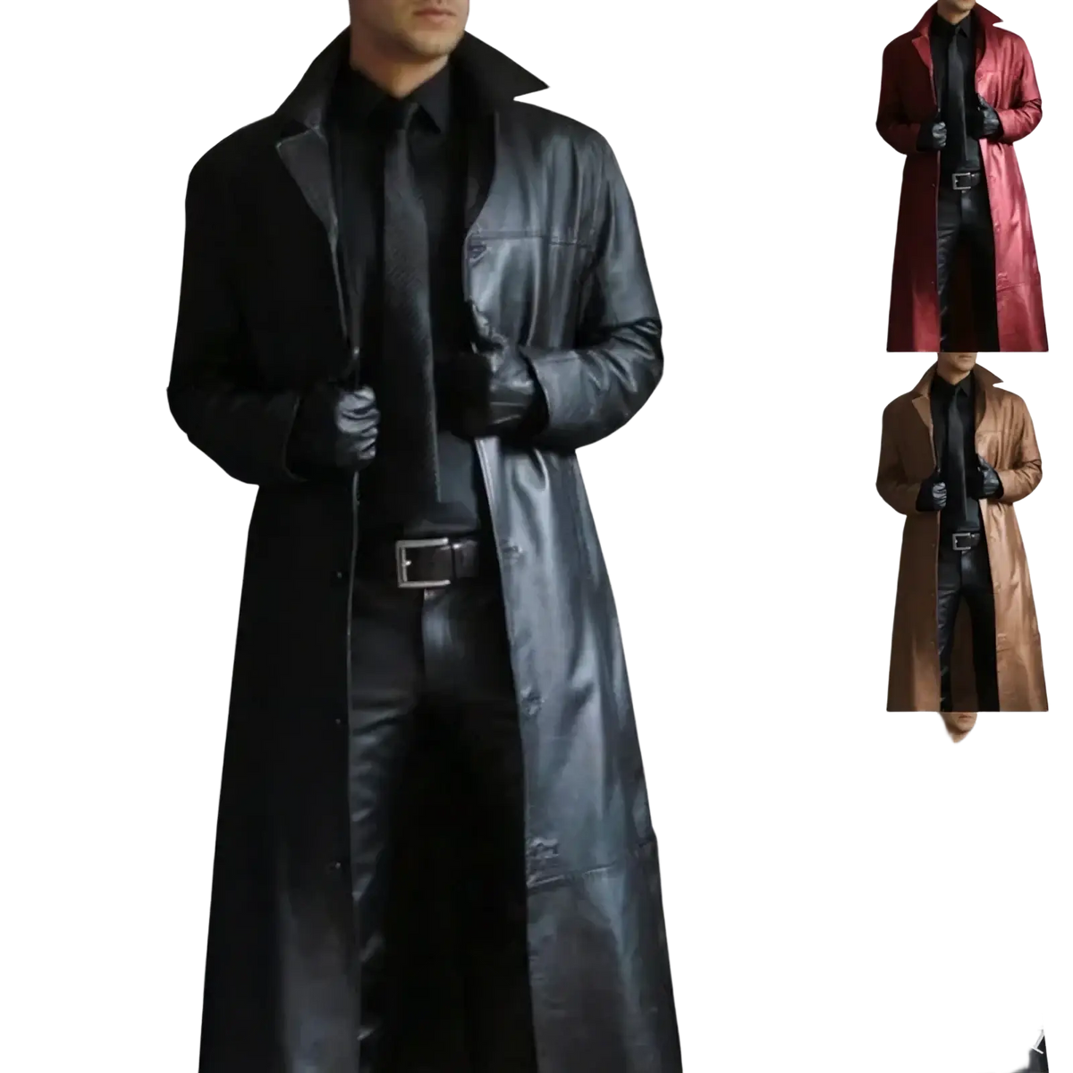 Black leather trench coat slim biker jacket with classic collar and button closure for men