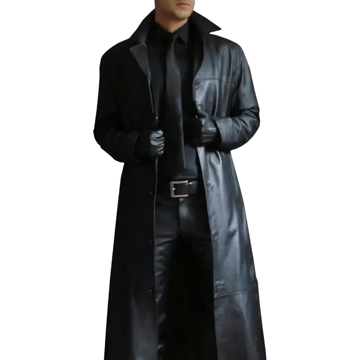 Men leather trench coat slim biker jacket in black leather with classic collar and buttoned front closure