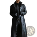 Men leather trench coat slim biker jacket in black leather with classic collar and buttoned front closure