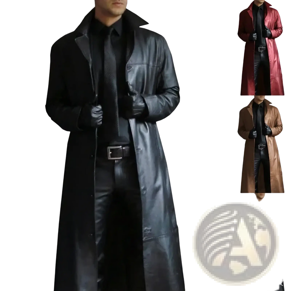 Black leather trench coat slim biker jacket with classic collar and button closure for men