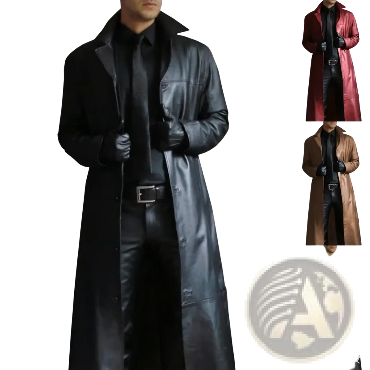 Black leather trench coat slim biker jacket with classic collar and button closure for men