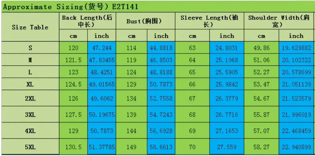 Size chart for men leather trench coat slim biker jacket showing measurements in cm and inches from S to 5XL