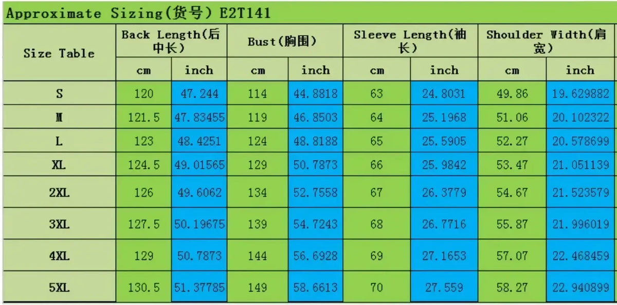 Size chart for men leather trench coat slim biker jacket showing measurements in cm and inches from S to 5XL
