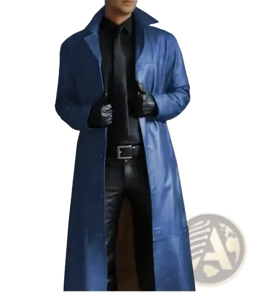 Men leather trench coat slim biker jacket in sleek royal blue leather with classic collar and buttoned front