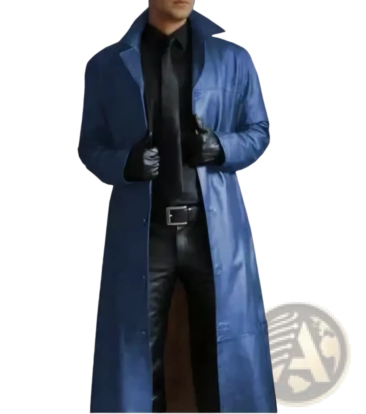 Men leather trench coat slim biker jacket in sleek royal blue leather with classic collar and buttoned front