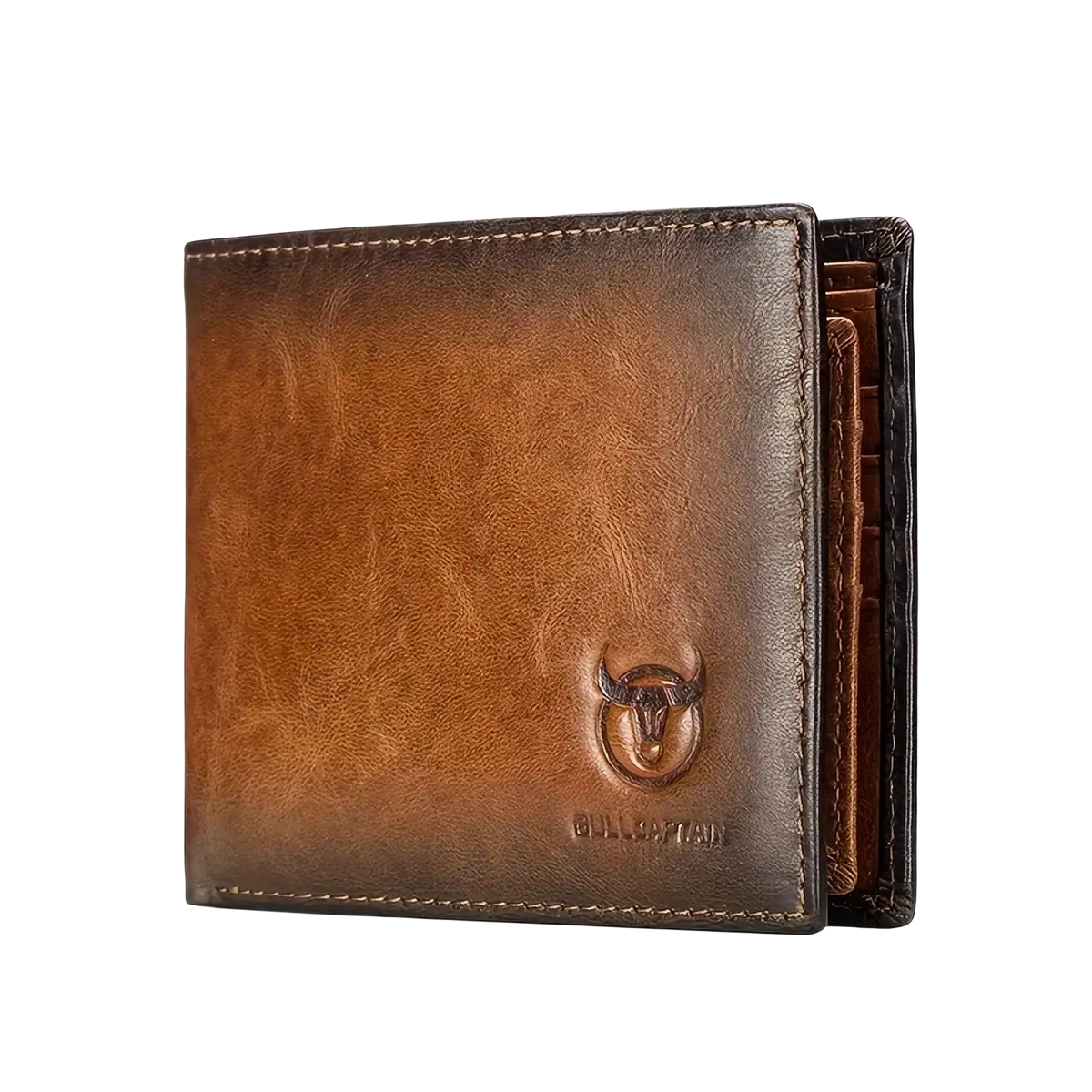 Men leather wallet bifold card holder in brown leather with subtle distressed finish and embossed bull head logo