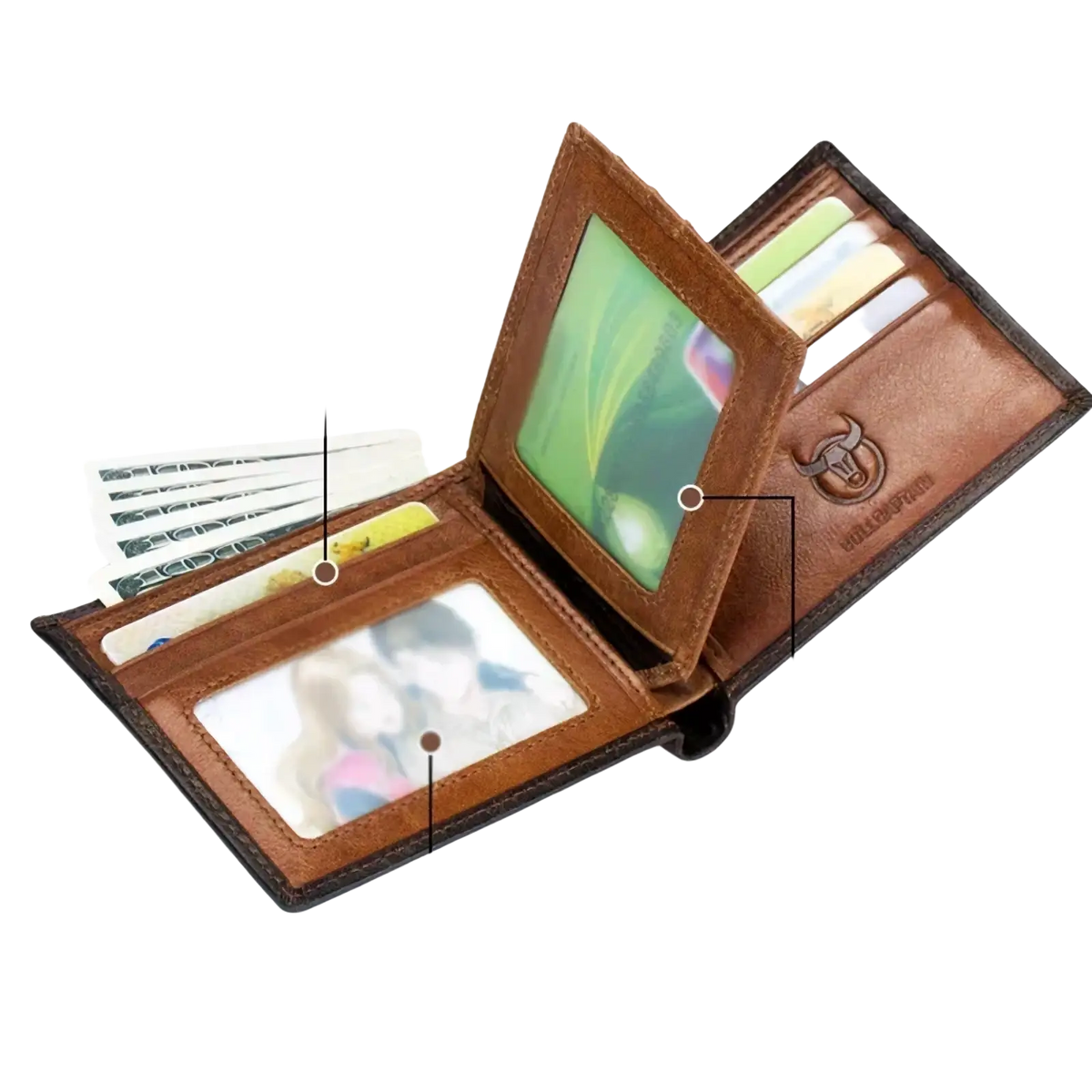Men leather wallet bi fold card holder in brown leather with two card slots and transparent id windows