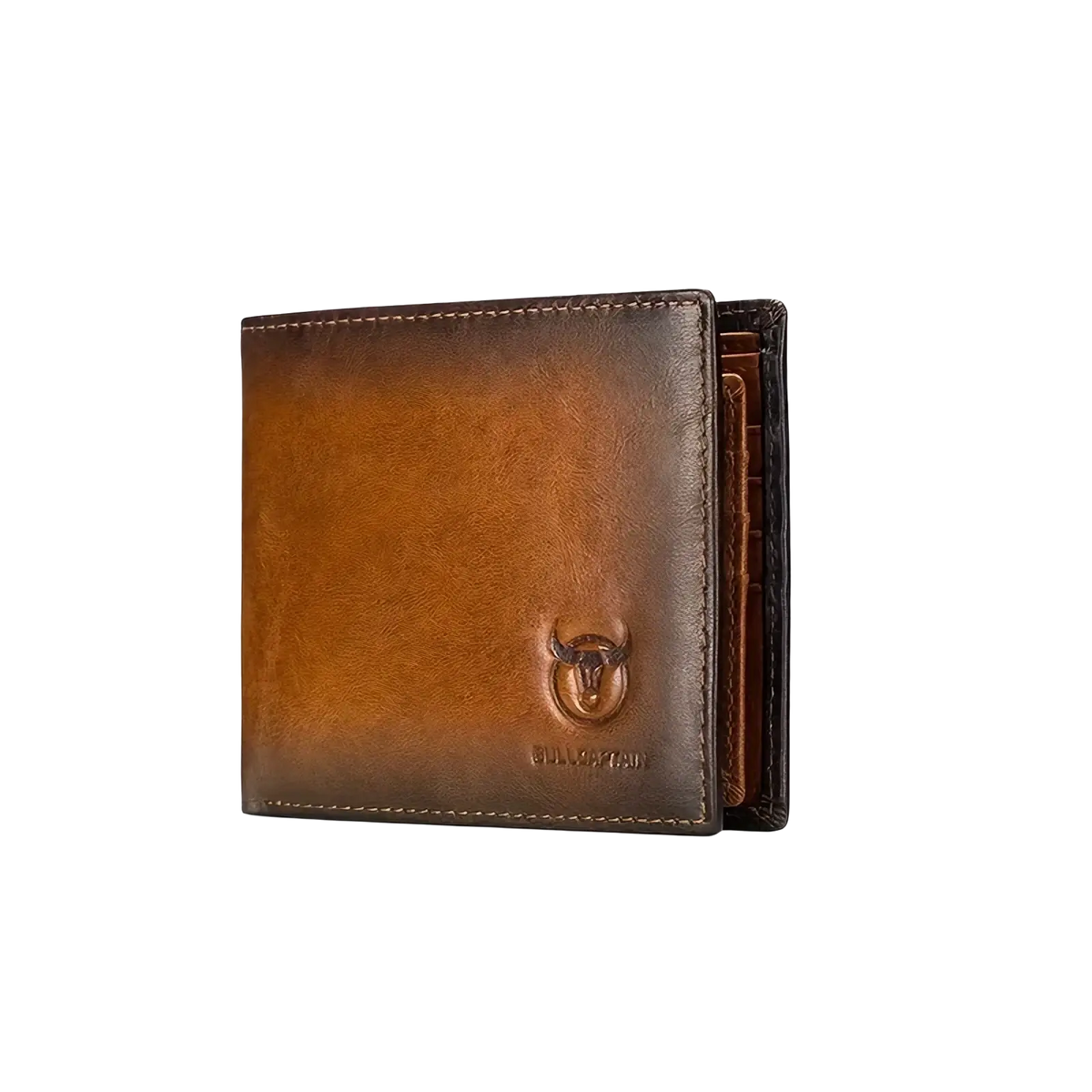 Men leather wallet bi fold card holder in brown leather with subtle gradient finish and embossed bull head logo