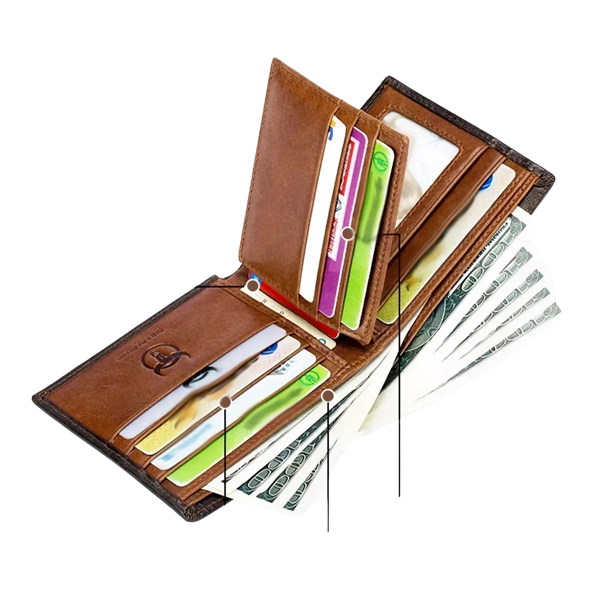 Men leather wallet bi fold card holder in brown leather with multiple card slots and banknote spaces