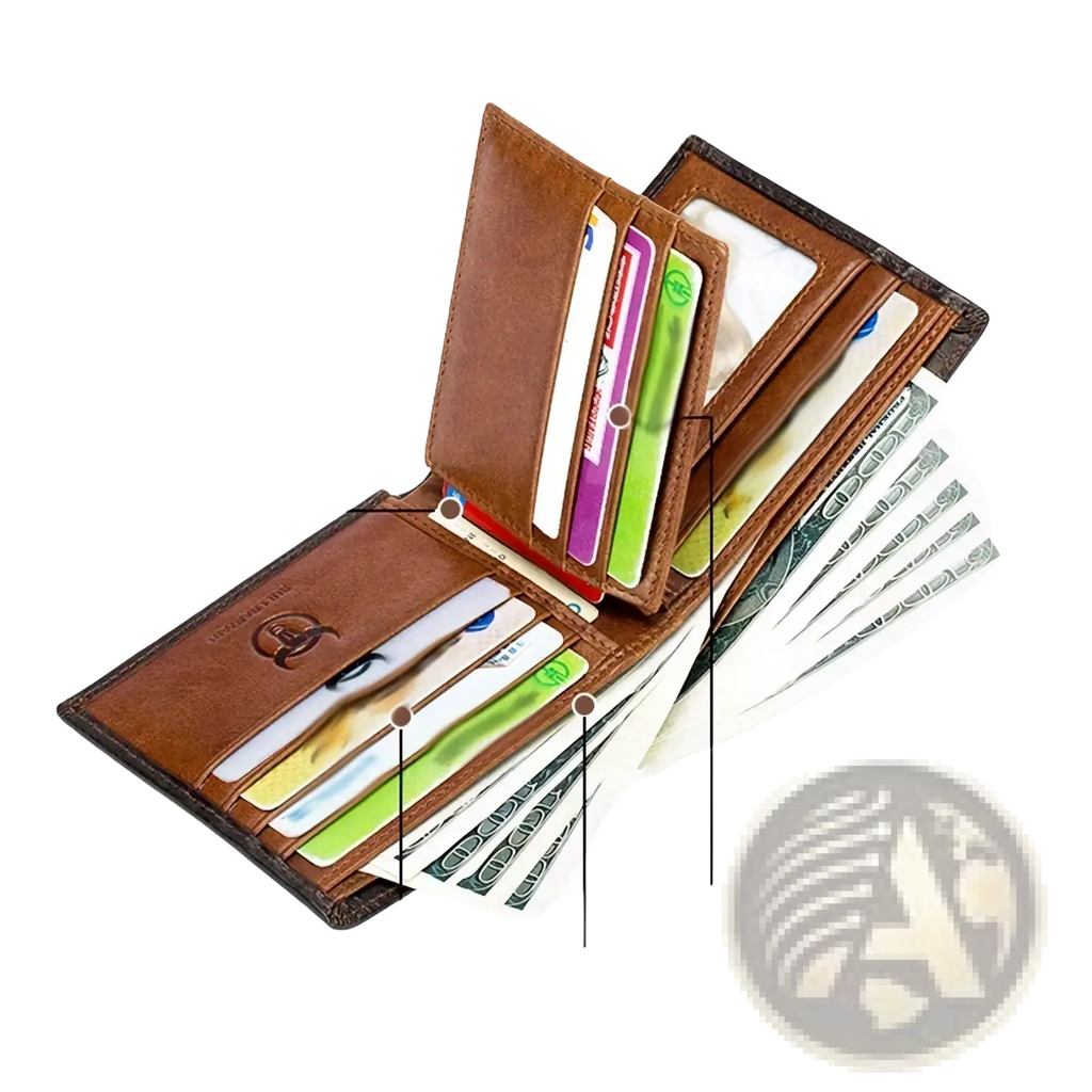 Men leather wallet bi fold card holder in brown leather with multiple card slots and banknote spaces