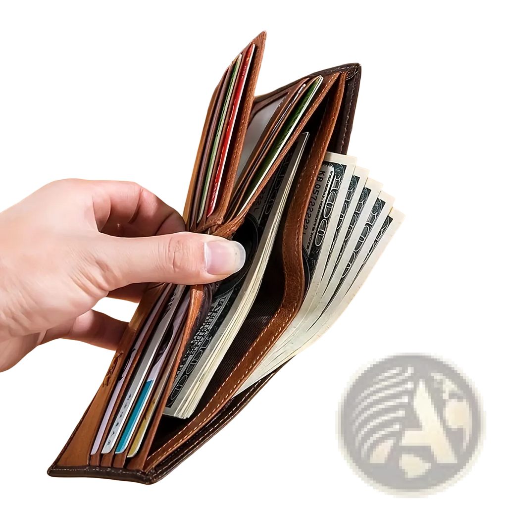 Men leather wallet bi fold card holder in brown leather with multiple card slots and spacious interior for cash