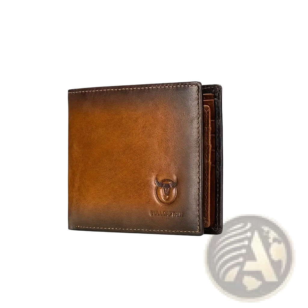 Men leather wallet bi fold card holder in brown leather with subtle gradient finish and embossed bull head logo