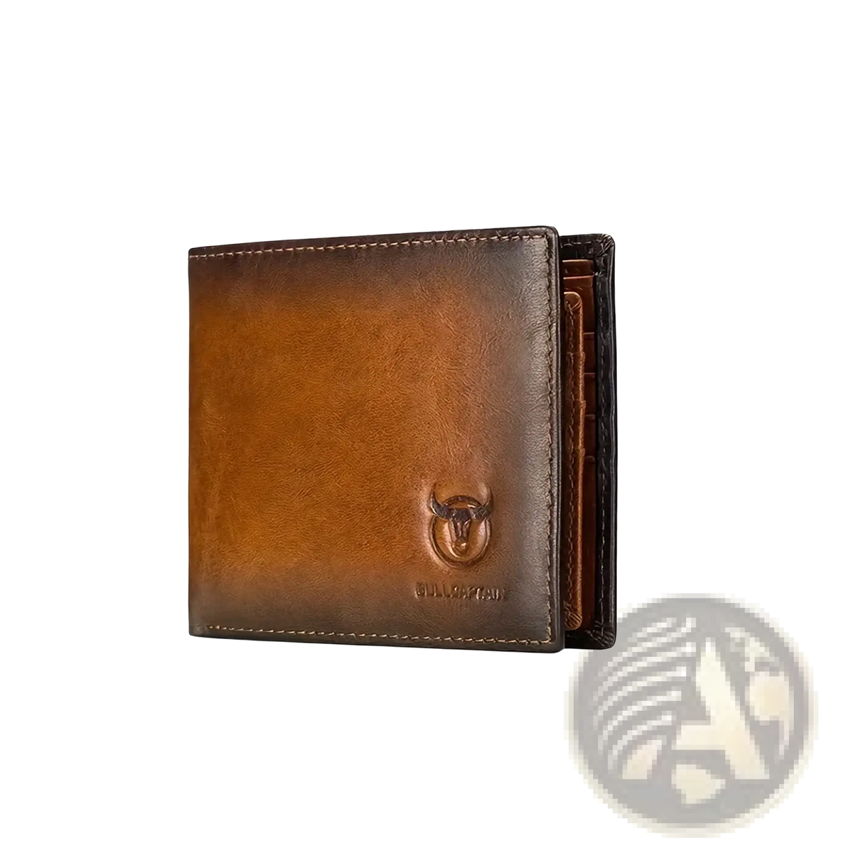 Men leather wallet bi fold card holder in brown leather with subtle gradient finish and embossed bull head logo