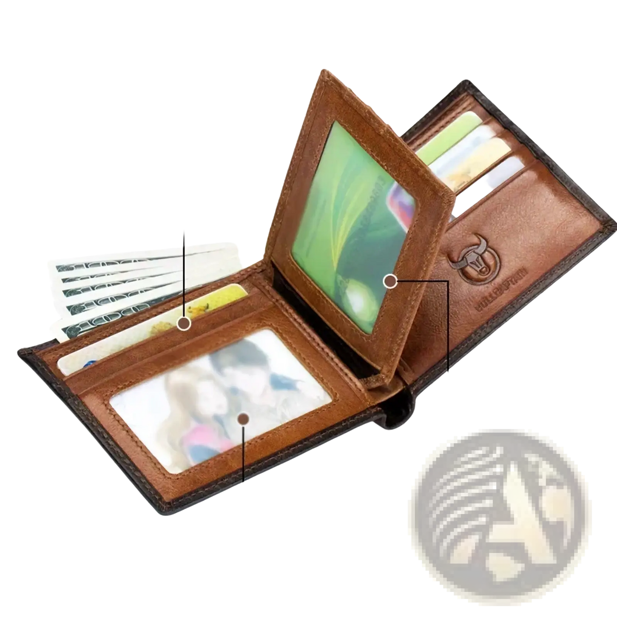 Men leather wallet bi fold card holder in brown leather with two card slots and transparent id windows