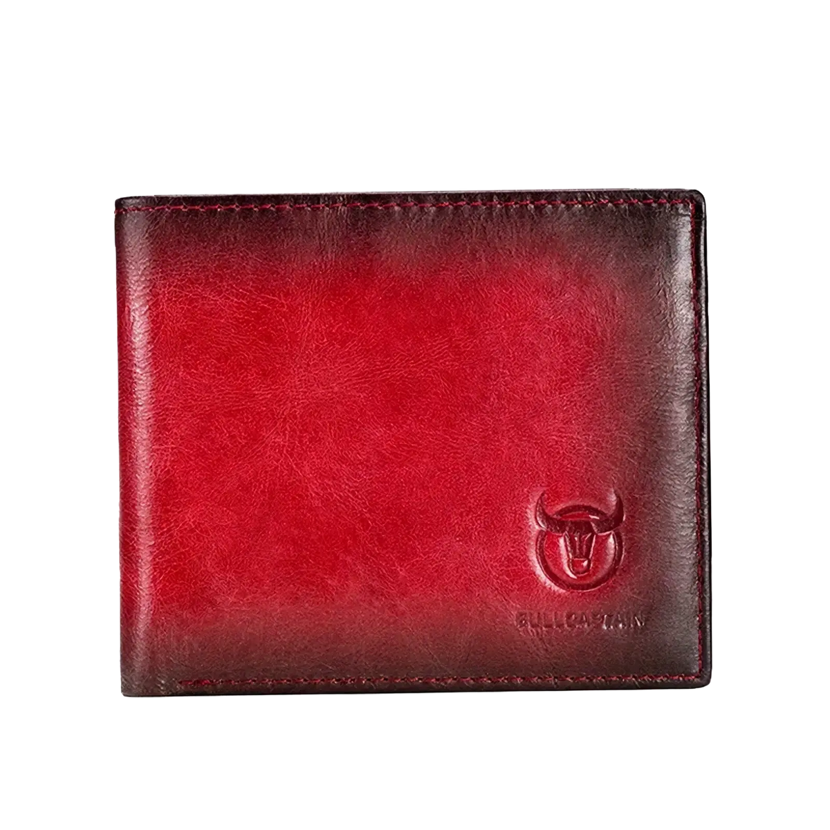 Men leather wallet bi fold card holder in red gradient leather with embossed bull logo and pull and bear branding