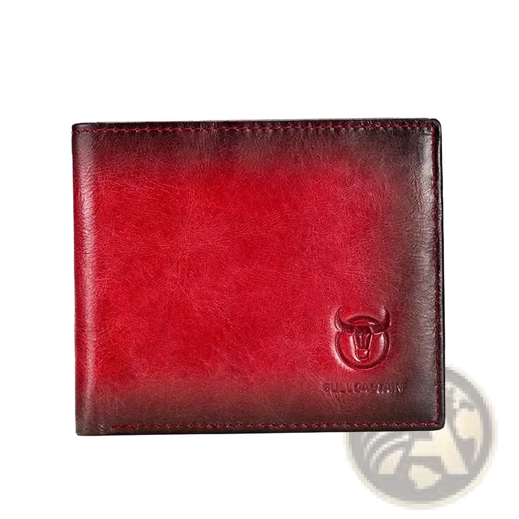 Men leather wallet bi fold card holder in red gradient leather with embossed bull logo and pull and bear branding