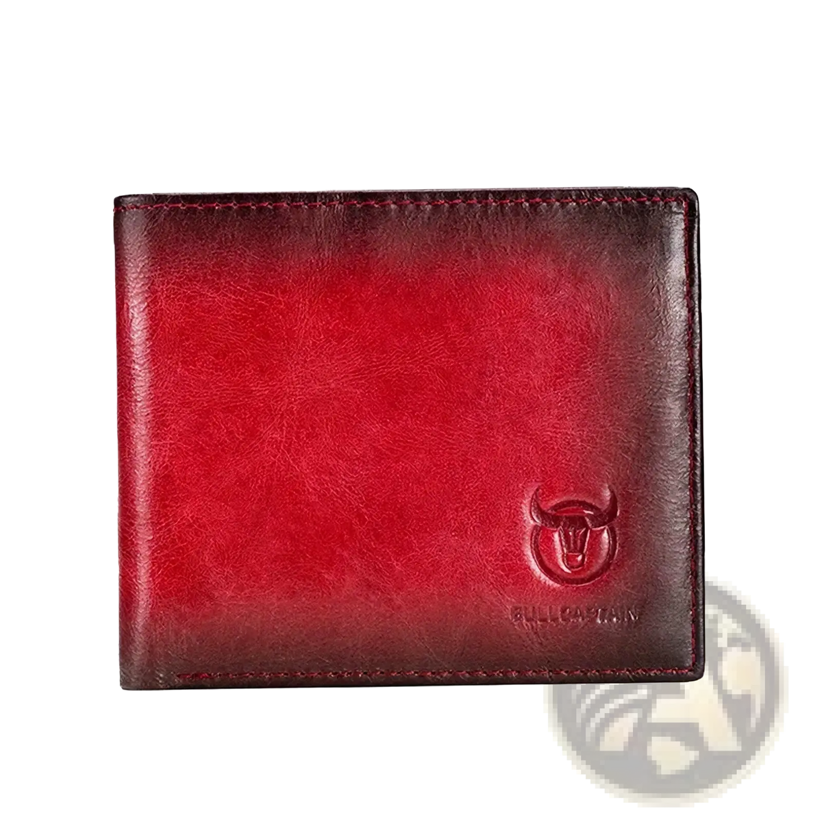 Men leather wallet bi fold card holder in red gradient leather with embossed bull logo and pull and bear branding