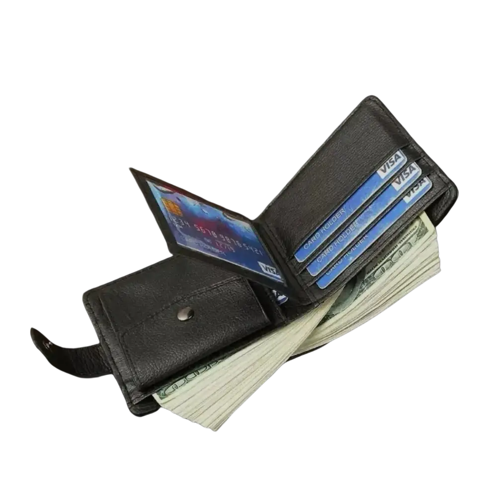 Men leather wallet card holder bifold pocket in black leather with multiple card slots and cash compartment