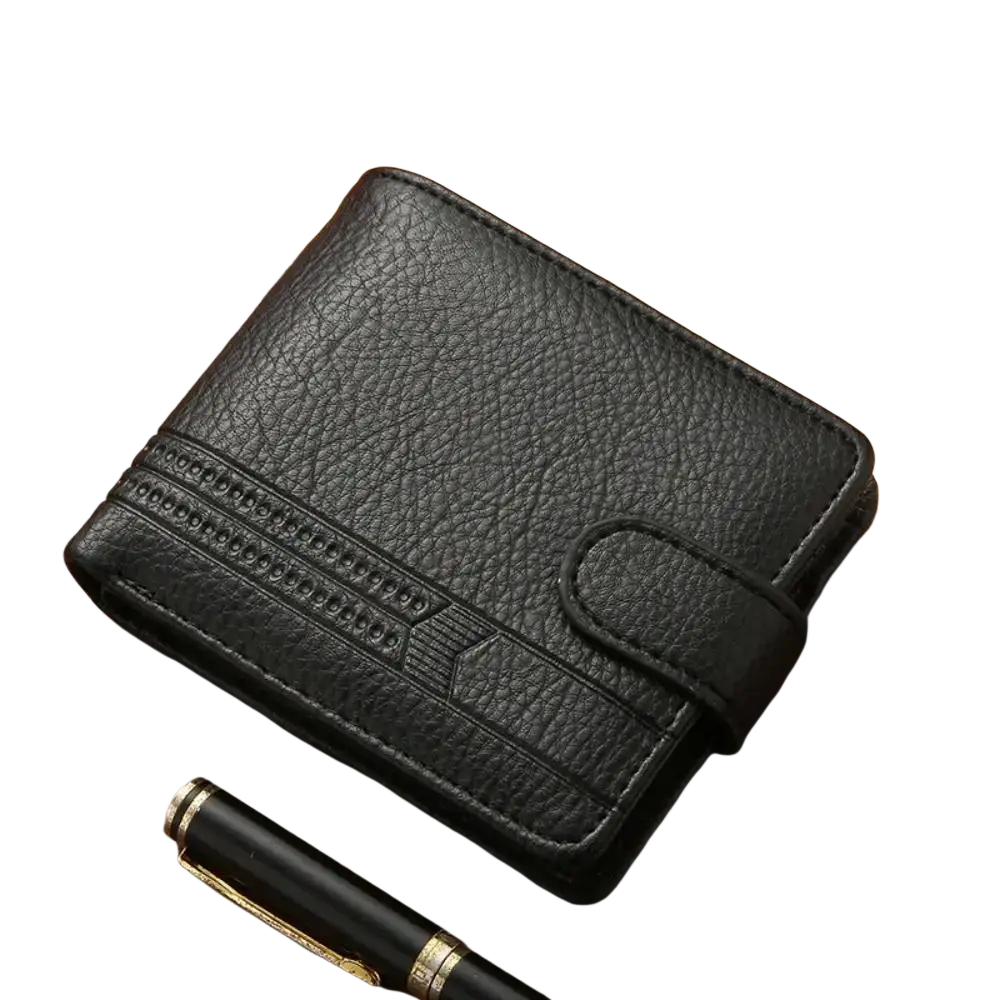 Black leather men leather wallet card holder bifold pocket with textured surface and embossed horizontal stripe design
