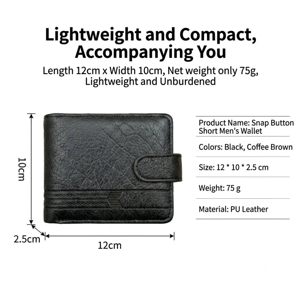 Black pu leather men’s bifold wallet card holder with snap button textured surface and subtle embossed design