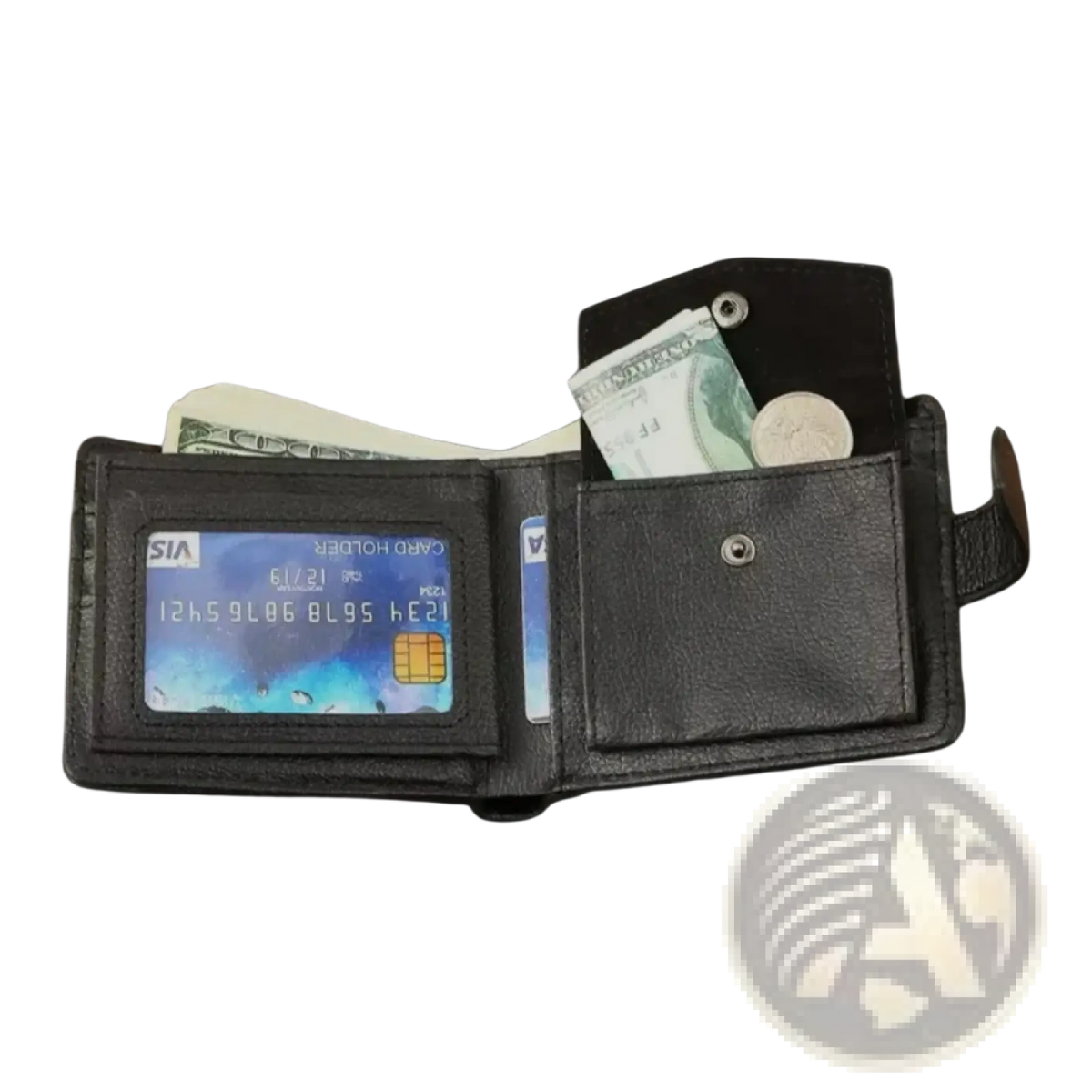 Men leather wallet card holder bifold pocket in black leather with card slot, cash compartments, and coins visible