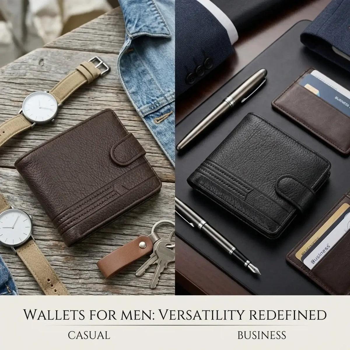 Brown leather men wallet bifold card holder with stitched detailing and flap closure for secure storage