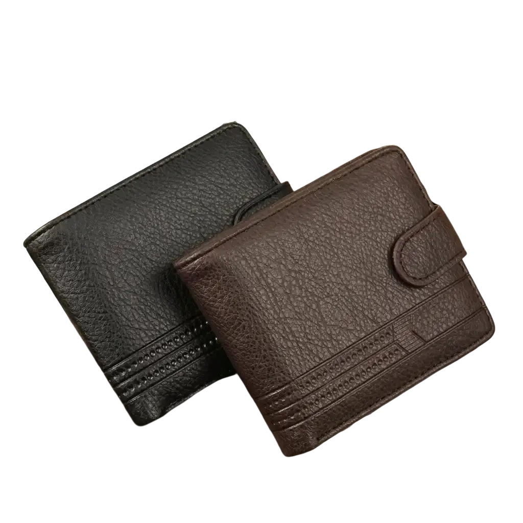 Men leather wallet card holder bifold pocket in brown textured leather with stitched detailing and flap closure
