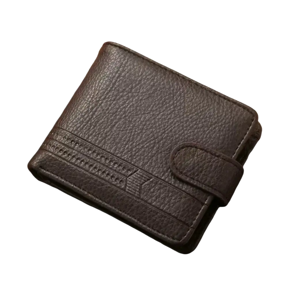 Men leather wallet card holder bifold pocket in brown textured leather with flap closure and stitched detailing