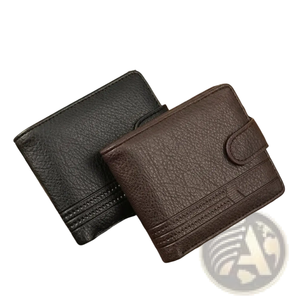 Men leather wallet card holder bifold pocket in brown textured leather with stitched detailing and flap closure