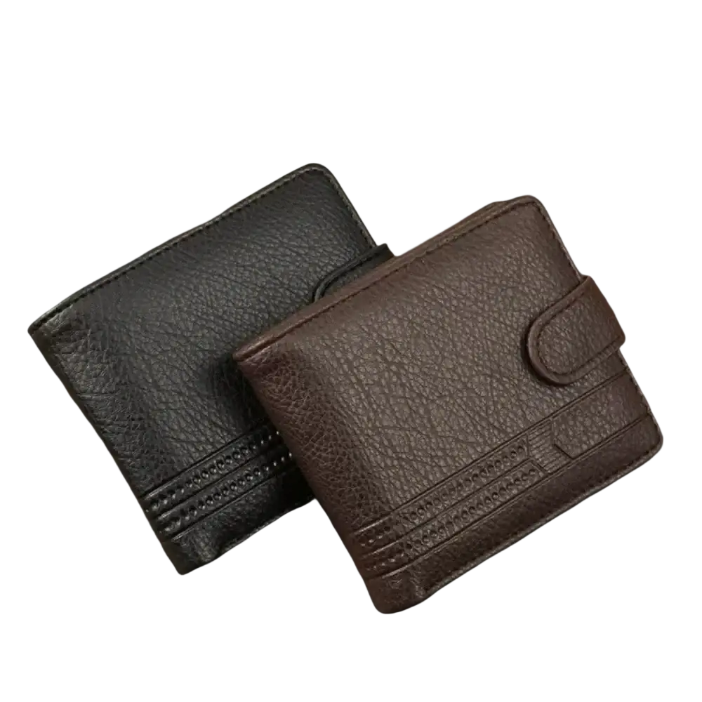 Men leather wallet bifold pocket featuring two textured leather wallets in dark brown and black with flap closure and stitching