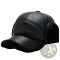 Men leather winter baseball cap in black with plush fur trim on the brim and ear flaps for cold weather use