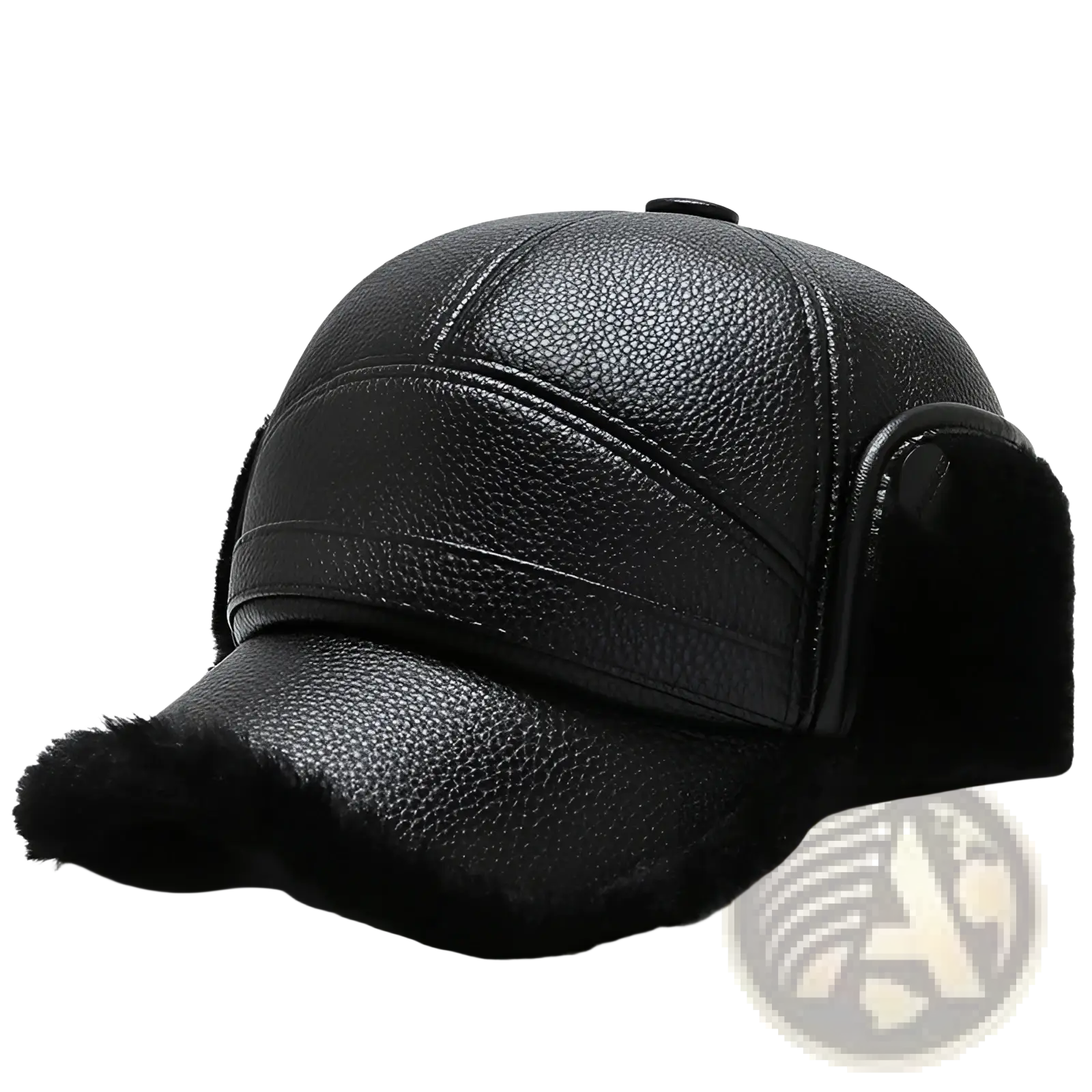 Men leather winter baseball cap in black with plush fur trim on the brim and ear flaps for cold weather use