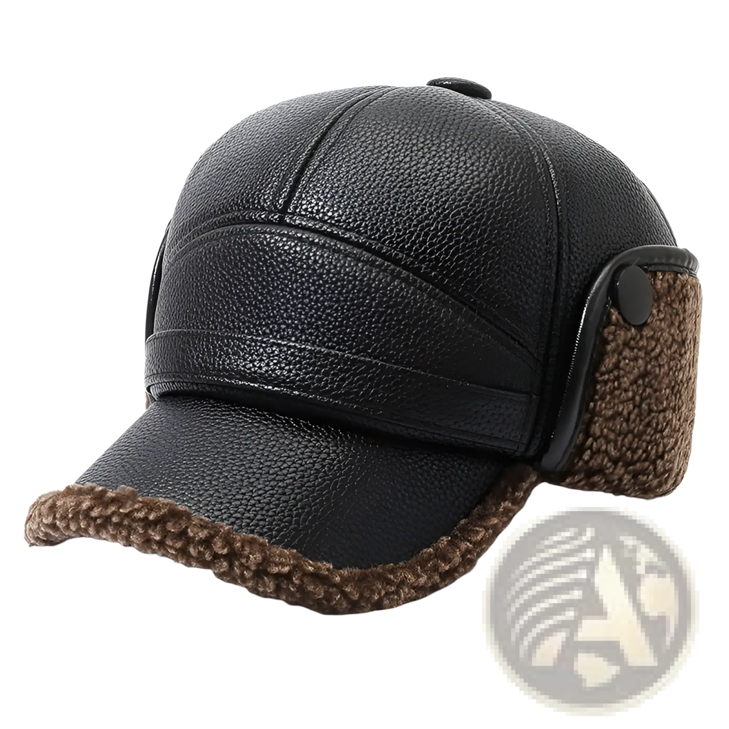 Men leather winter baseball cap in black with brown fleece lining and ear flaps for cold weather use